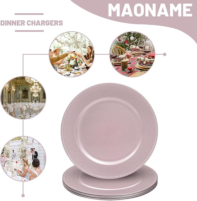 MAONAME 13" Pink Charger Plates, Plastic Plate Chargers with Beaded, Round Charger for Dinner Plates, Plate Chargers for Wedding, Table Decor, Set of 6