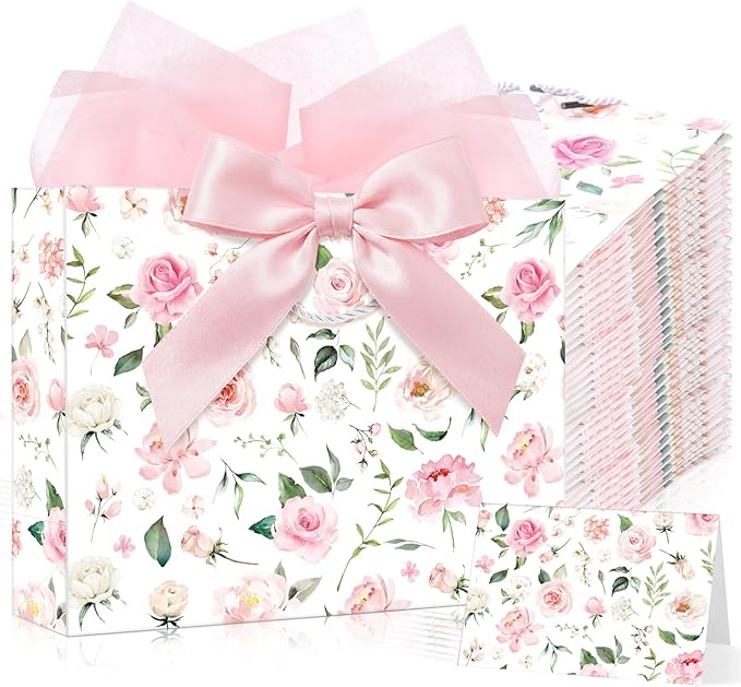 Maitys 12 Sets 13" Large Pink Floral Gift Bags Bulk with Handle, Tissue Papers, Ribbons and Greeting Cards Spring Floral Birthday Paper Bag for Women Wedding Easter Bridal Showers Party Favor Supplies