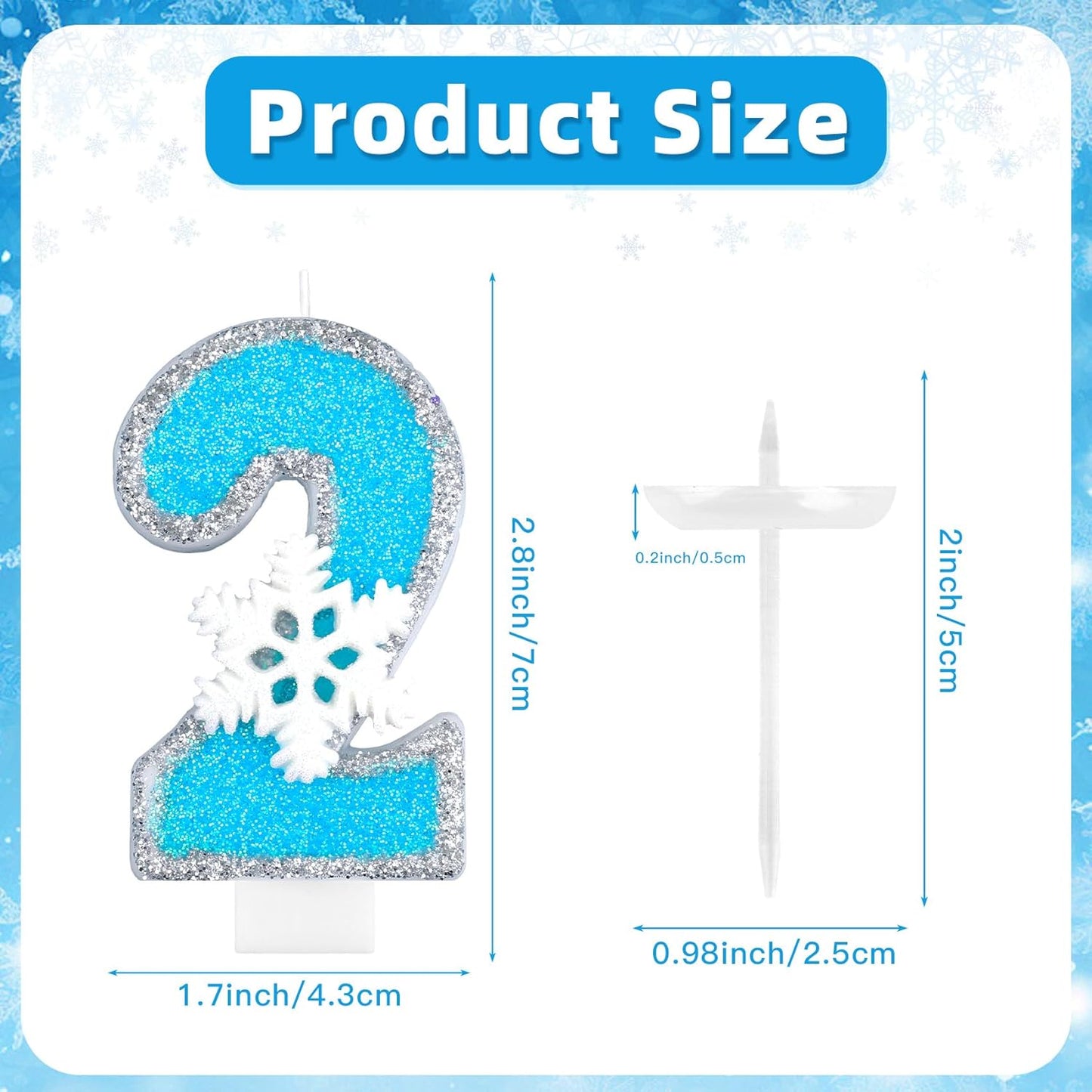 Frozen Themed Birthday Candles Party Decorations, Blue and Silver Number 2 Birthday Candle, Happy Birthday Candle for Cake, Snowflake Cake Topper Decoration for 2nd 2 Year Old Party Favor Supplies