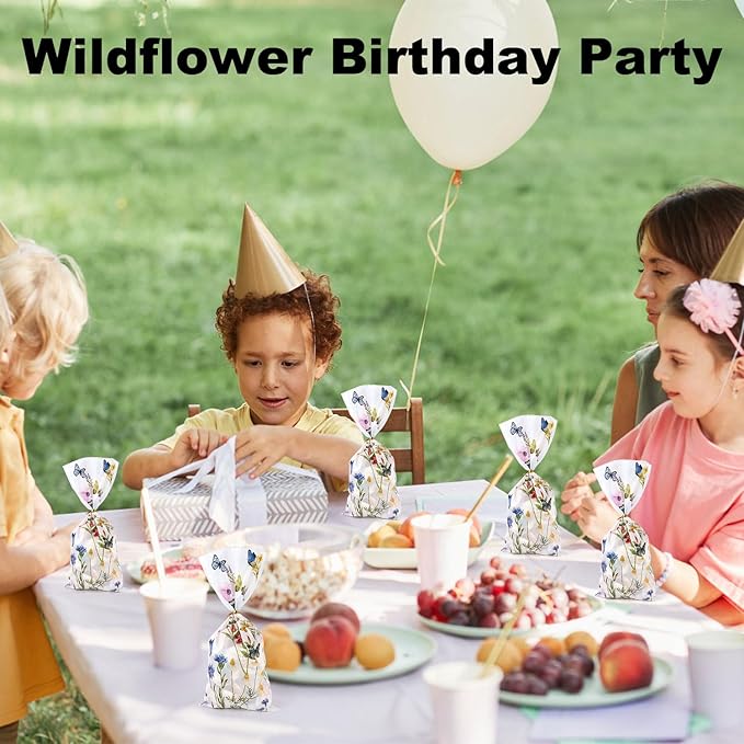 Tinoaly 50pcs Wildflower Party Plastic Goodie Bags, Clear Floral Butterfly Candy Cellophane Bags Wildflower Party Favor Decorations for Birthday Baby Shower Snack Cookie Gift Packing