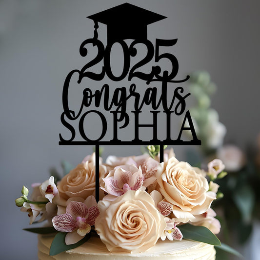 Personalized Graduation Cake Topper - Wood/Acrylic Graduation Cake Topper Class Of 2025 with Any Name, Custom Congrats Grad Hat Glitter Gift Party Cake Décor