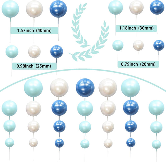 Ephlyn 30Pcs Ball Cake Picks Colorful Ball Shaped Cake Topper Pearl Balls Cupcake Cake Insert Topper for Birthday Party Decoration Supplies Pearl White Blue