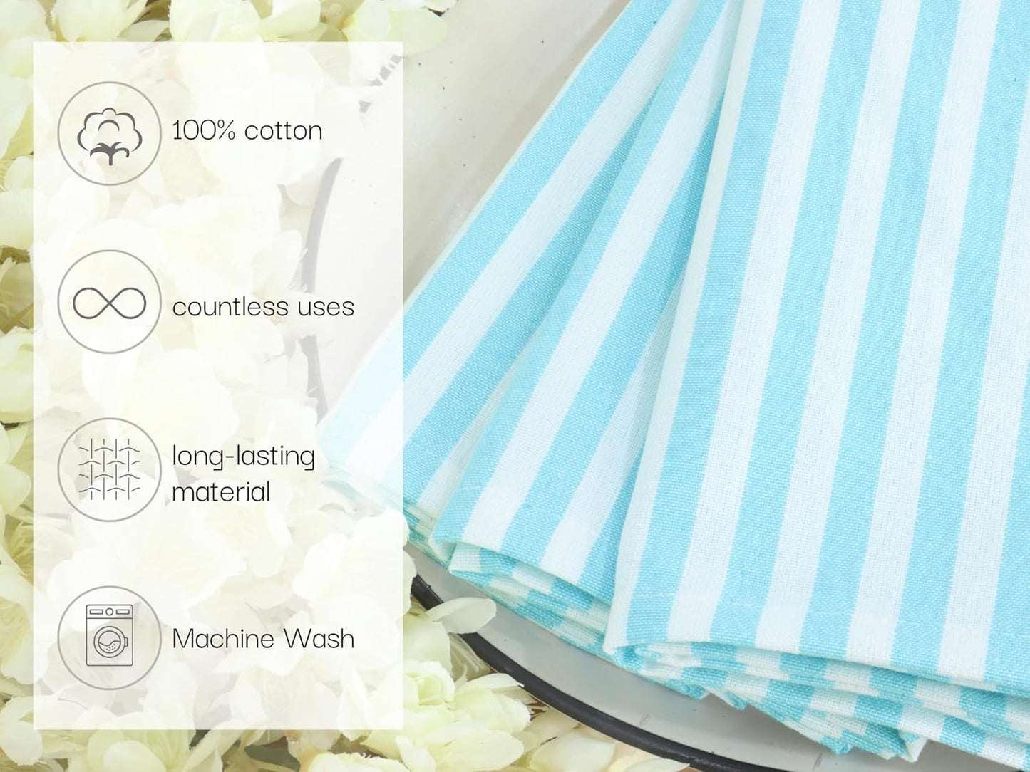 PurpleEssences Plain Striped Cloth Napkins - Set of 12-100% Cotton - 18 x 18 Inch - Fall Thanksgiving - Perfect Everyday Use Dinner Napkin - Aqua Blue White