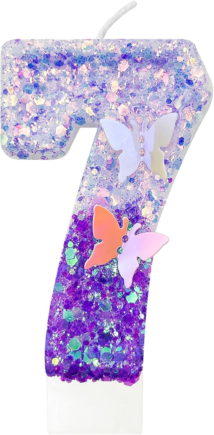 7Th Birthday Candle for Cake，Butterfly Cake Toppers，Butterfly Birthday Decorations，Purple Birthday Candles，for Birthdays,Theme Parties, Celebration, Anniversary