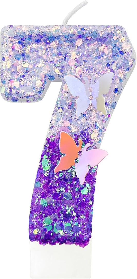 7Th Birthday Candle for Cake，Butterfly Cake Toppers，Butterfly Birthday Decorations，Purple Birthday Candles，for Birthdays,Theme Parties, Celebration, Anniversary