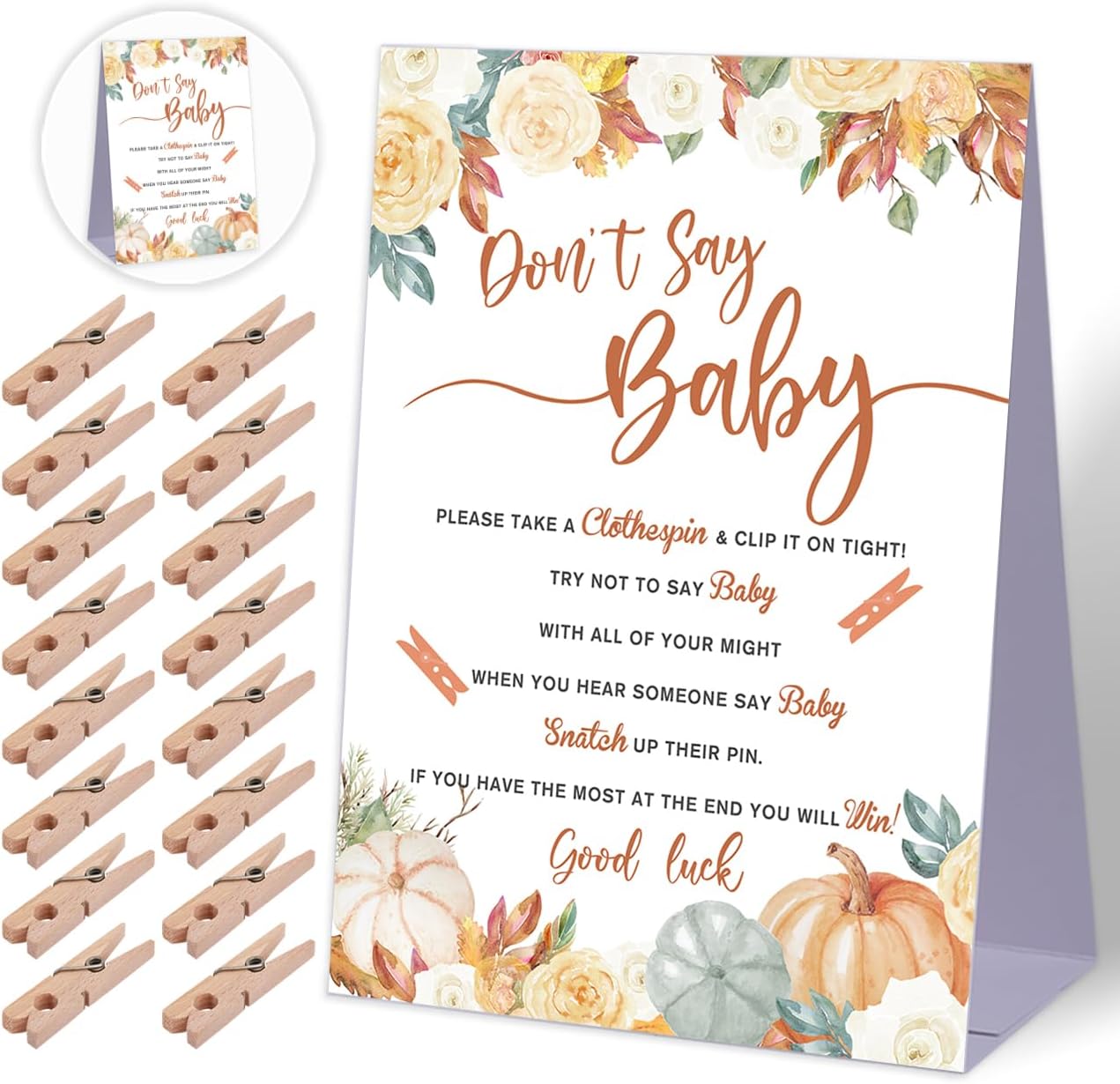 Don't Say Baby Baby Shower Game,Fall Pumpkin Rustic Baby Shower Decoration,Mini Clothespins for Baby Shower,Neutral Baby Shower Decoration,Little Cutie Baby Shower,1 Sign & 50 Mini Clothespins Set-B9