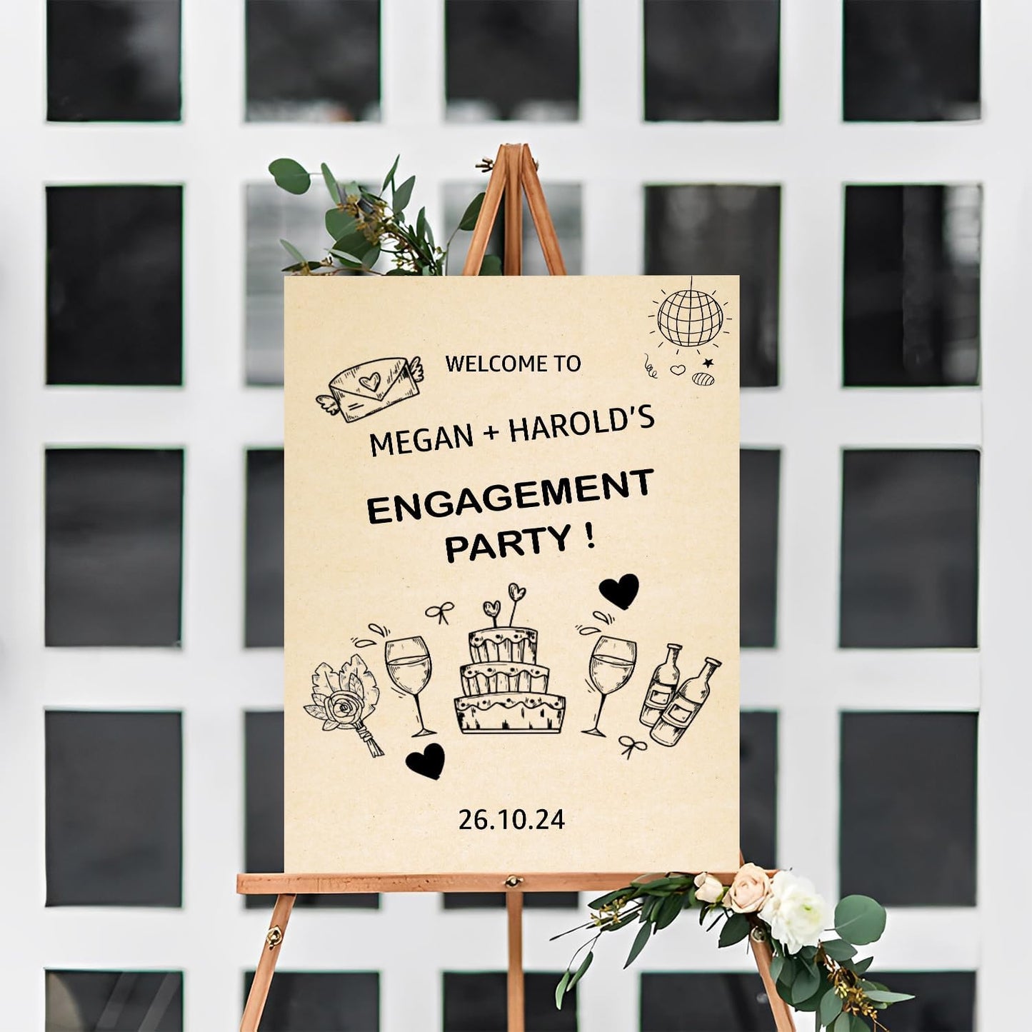 Welcome Sign - Hand Drawn Scribble Illustration 'We're Engaged' Printable Signage for Engagement Party