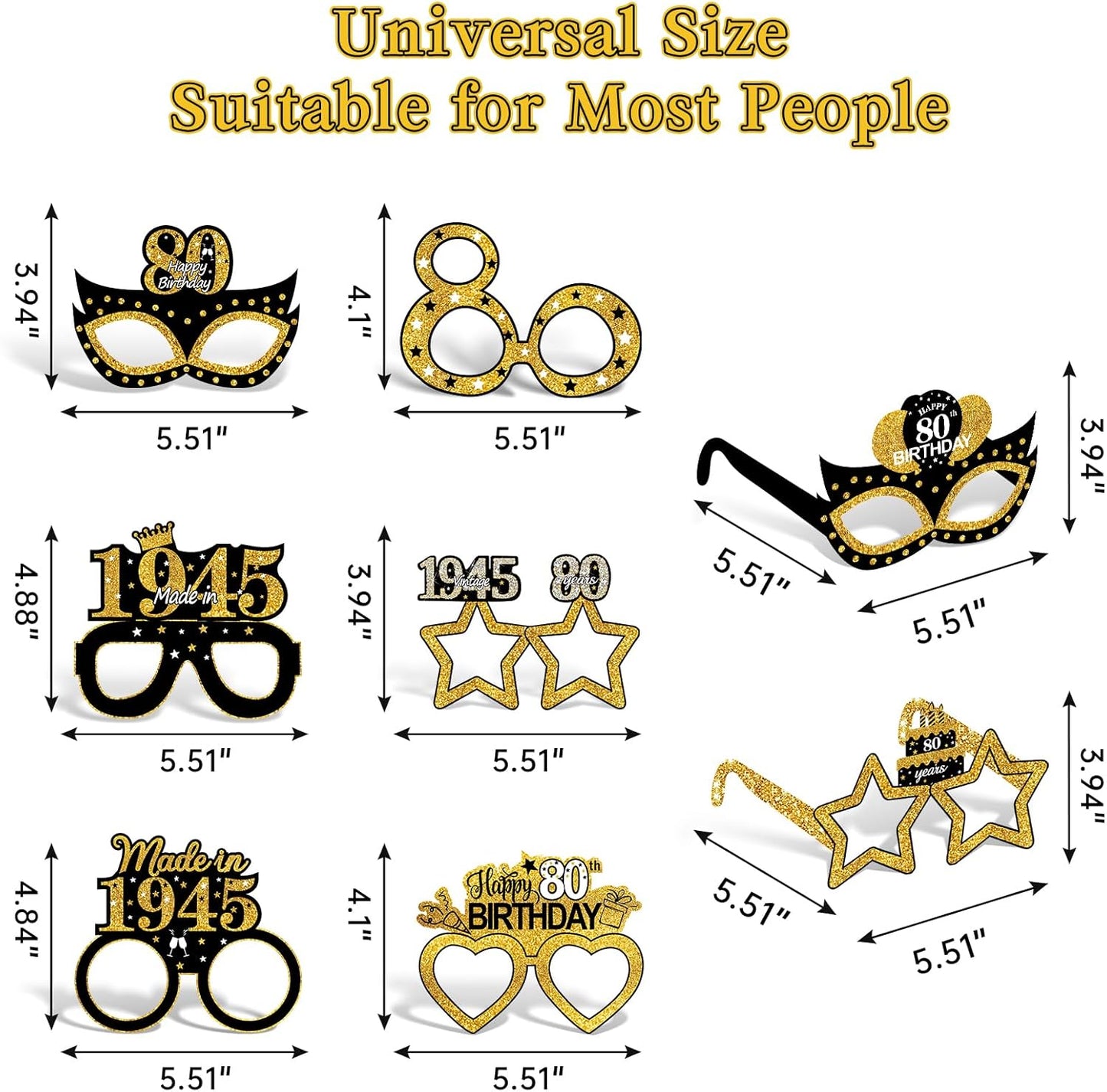 24Pcs 1945 80th Birthday Paper Glasses Decorations for Men Women - Black Gold Happy 80th Birthday Paper Eyeglasses Photo Props, Vintage 1945 Eighty Years Old Birthday Party Supplies