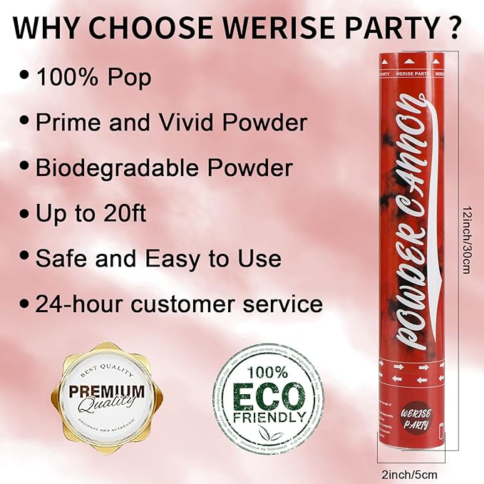Red Powder Cannon Poppers, WERISE Party Biodegradable Smoke Poppers Cannon 12 Inch Powder Poppers for Birthday Party Valentines Day and Graduation 2 Pack