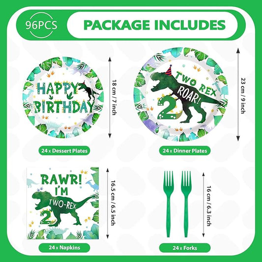 Grencian 96PCS Dinosaur 2nd Happy Birthday Party Supplies 2nd Dinosaur Plates and Napkins Forks Disposable Tableware Set for 2 Years Old Boy Birthday Party Decorations Serves 24