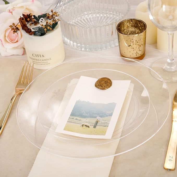 Hioasis 100pcs Clear Plastic Plates for Party - 10.25" Dinner Plates Disposable, Heavy -duty, Classy and Elegant for Wedding