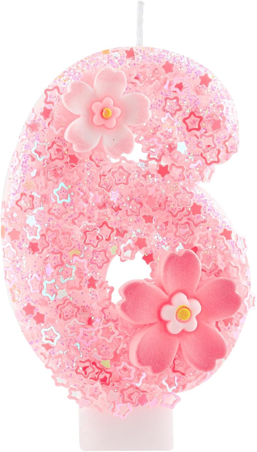 Cherry Blossom Pink Number 6 Birthday Candle, 2.8in Cute Shiny Happy 6th Birthday Candle with Tray & Stick Girls 6 Candle for 6 Birthday Ideal Birthday Parties Cake Decoration & Gifts