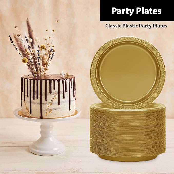 Gold Solid Color Premium Heavy Weight Plastic Appetizer Plate (7") 50 Count - Elegant & Durable, Perfect for Parties & Events