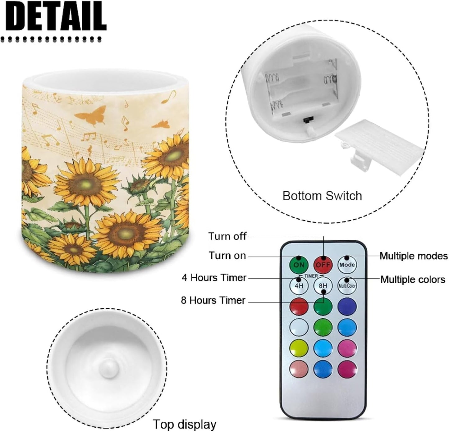 Poceacles Battery Operated LED Candles Set of 4 Remote and Timer Flameless Votive Candles, Multi-Color Flickering Tea Light for Home Parties Holidays Decor, Sunflower Butterfly Musical Note