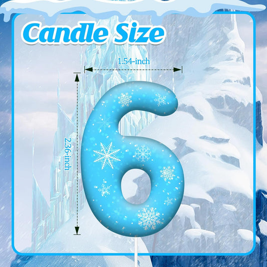 White and Blue Frozen Themed Party Birthday Candles - Blue Number Candles Snowflake Themed Party Decorations, Girls Party Supplies(Number 6)