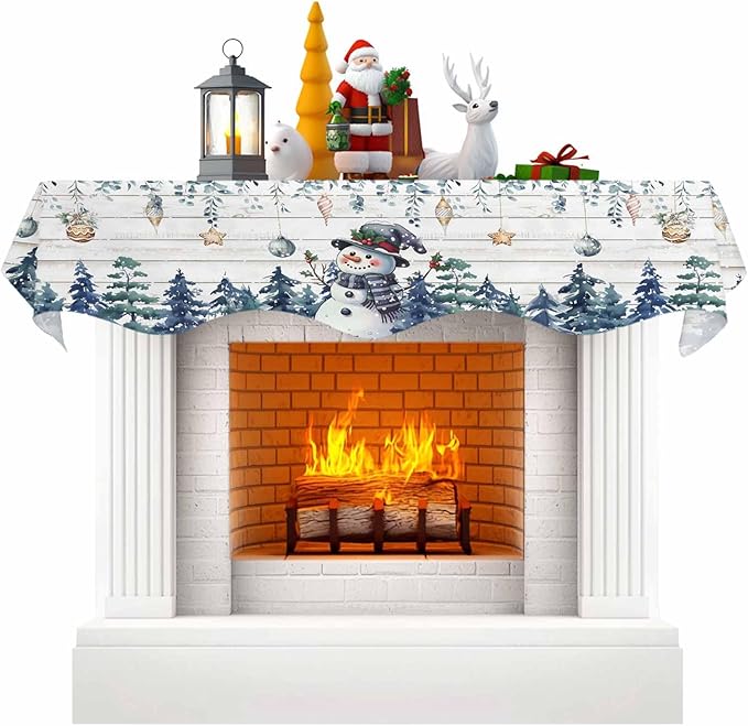 Blue Snowman Christmas Fireplace Mantel Scarf Table Runner, Xmas Snowflake Eucalyptus Leaves Wooden Winter Garland Mantel Top Tablerunners Dresser Scarves Cover for Windows Party Living Room 90''x17''