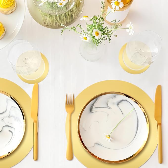 Tioncy 100 Pcs Round Gold Placemats 13" Disposable Paper Placemats for Dining Table Gold Charger Table Mats and Coasters Mats Set for Birthday Wedding Home Dinner Party Settings Decor