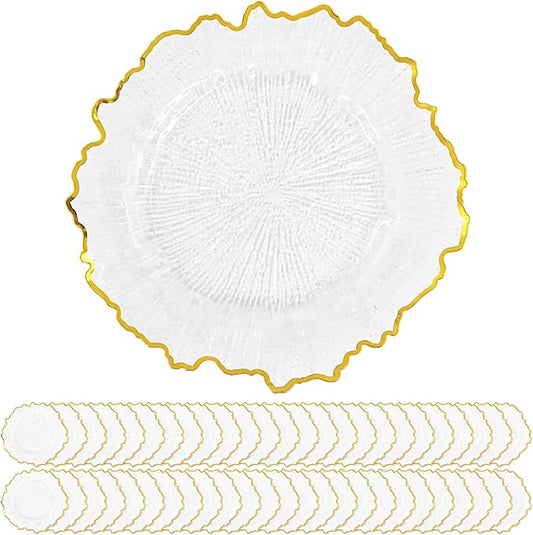50 Pack Clear Charger Plates Bulk, 13" Plastic Reef Chargers for Dinner Plates, Round Charger Plate with Gold Rim Floral Reef Design for Dinner Wedding Party Table Setting Decoration
