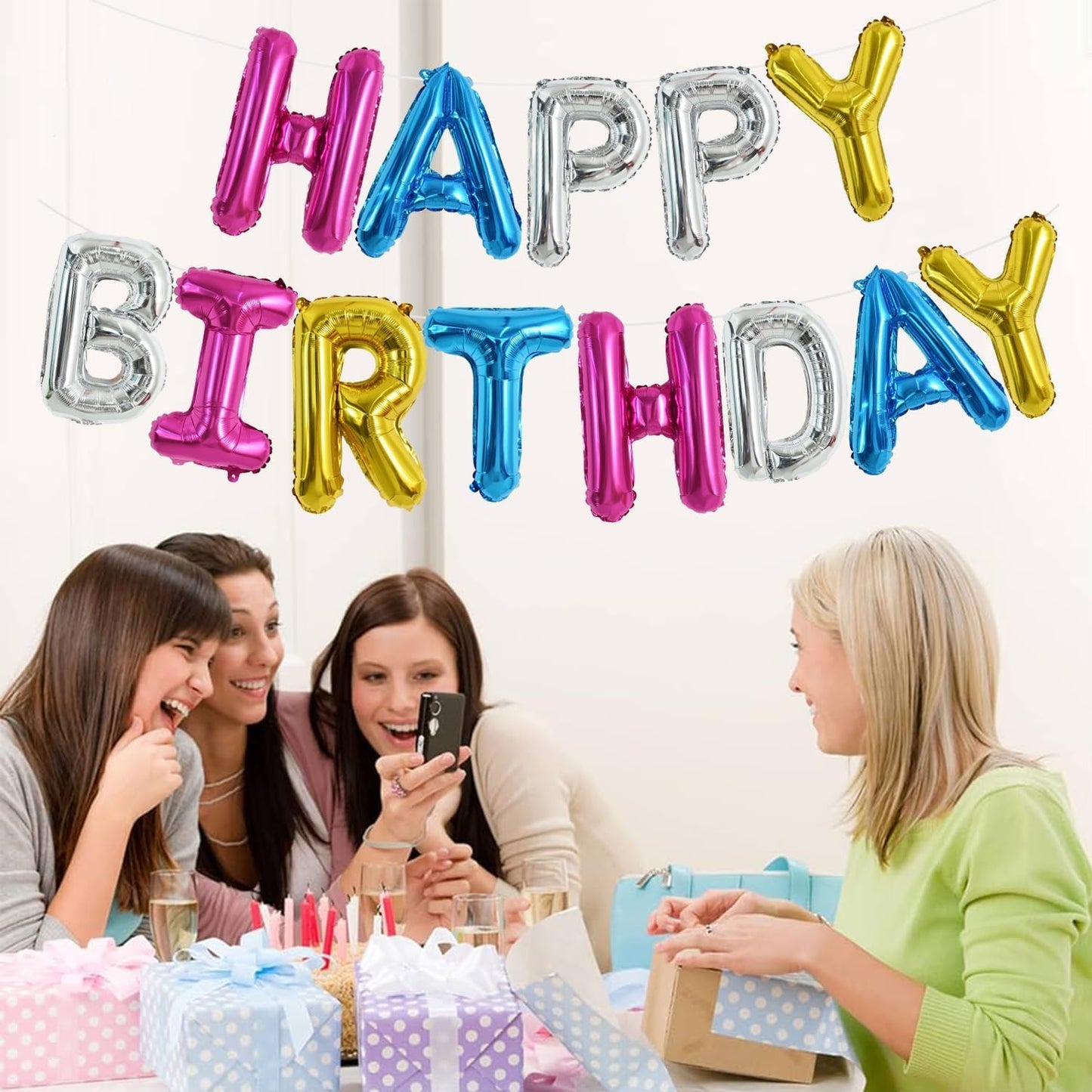 TONIFUL 16 Inch 4 Color Mylar Foil Birthday Balloons Banner Happy Birthday Balloon Letters for Adults & Girls Boys Kids Birthday Decorations Party Supplies