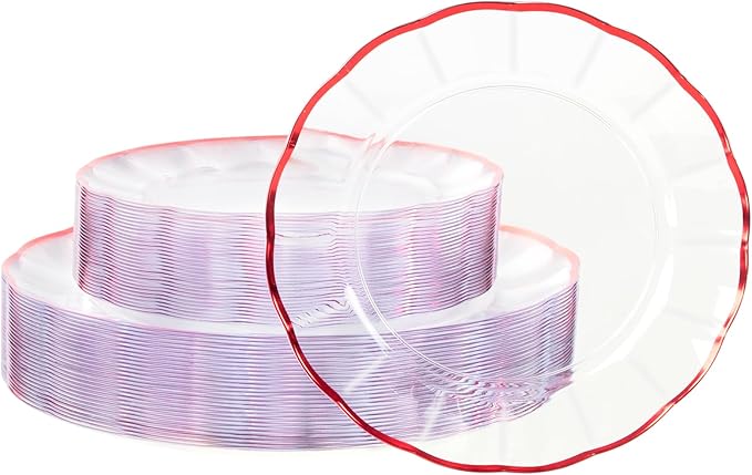 supernal 60pcs Clear and Red Plastic Plates,Fancy Scalloped Plates Disposable Heavy Duty, Wedding Disposable Dinnerware Include 30 Dessert Plate and 30 Dinner Plastic Plate for Party and Birthday