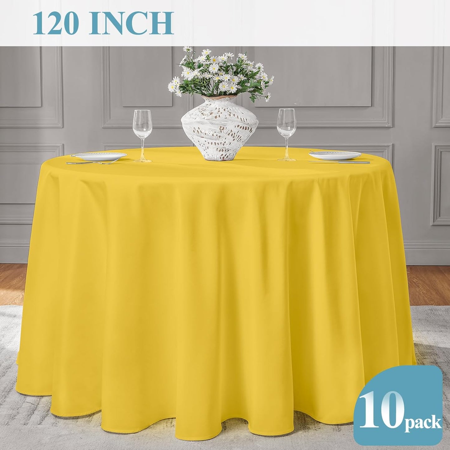 VidaFete Tablecloth 10 Pack 120inch Round Table Cloth Polyester, Stain Wrinkle Resistant Polyester Dining Table Cover for Kitchen Dinning Party Wedding Round Tabletop Buffet Decoration(Yellow)