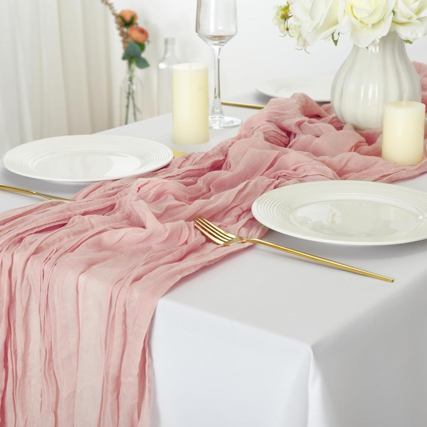 combocube 6 Pack 35x120 Inch 10Ft Cheesecloth Table Runner Long Gauze Rustic Romantic Table Cloth for Wedding Reception Bridal Shower Birthday Party Table Decorations, Dusty Pink