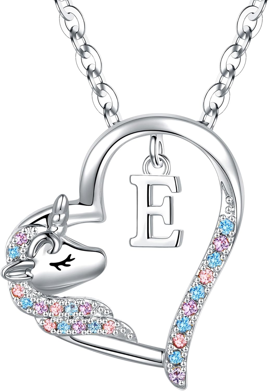Anoup Unicorn Gifts for Girls Necklace - Colorful CZ Heart Pendant A-Z Initial Necklaces Cute Unicorns Jewelry Birthday Gift for Girl