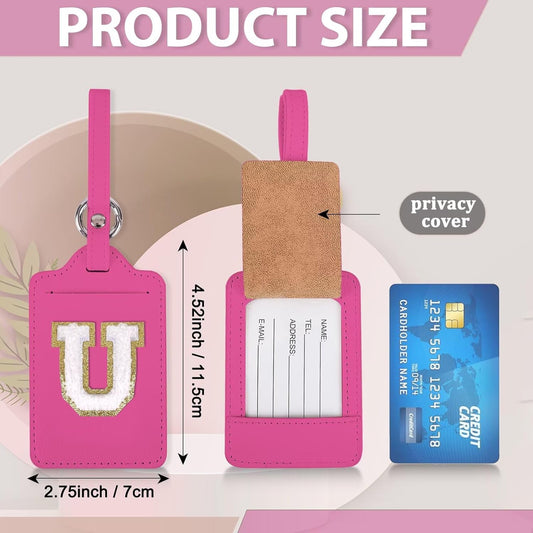 Personalized Initial Luggage Tags for Suitcases, Leather Chenille Letter Cute Luggage Tags with Privacy Name Card, Embroidered Travel Bag Backpack Tags Gifts for Women Kids Girls Teens(Rosered-U)