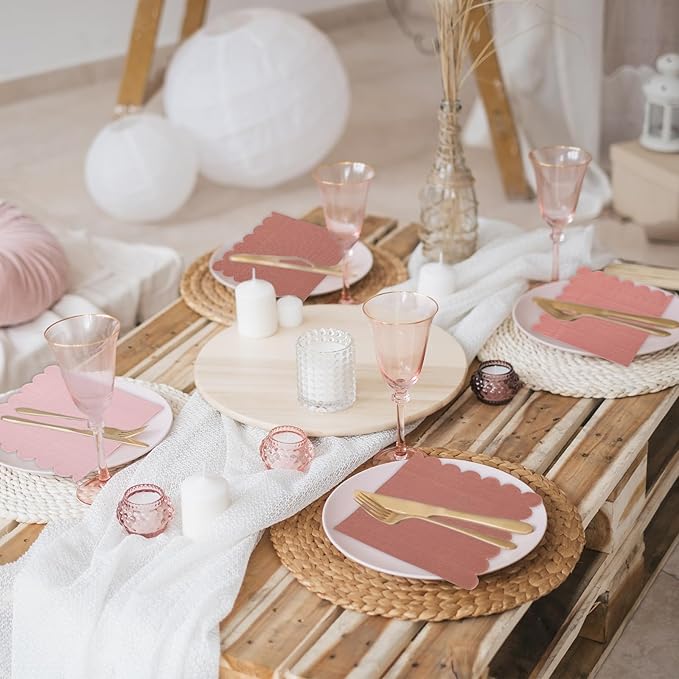 Whaline 150Pcs Dusty Pink Cocktail Napkin Gradient Color Scalloped Paper Napkin 3 Colors Thick Disposable Party Dinner Dessert Beverage Napkin for Party Supplies Table Decor, 5 x 5 In