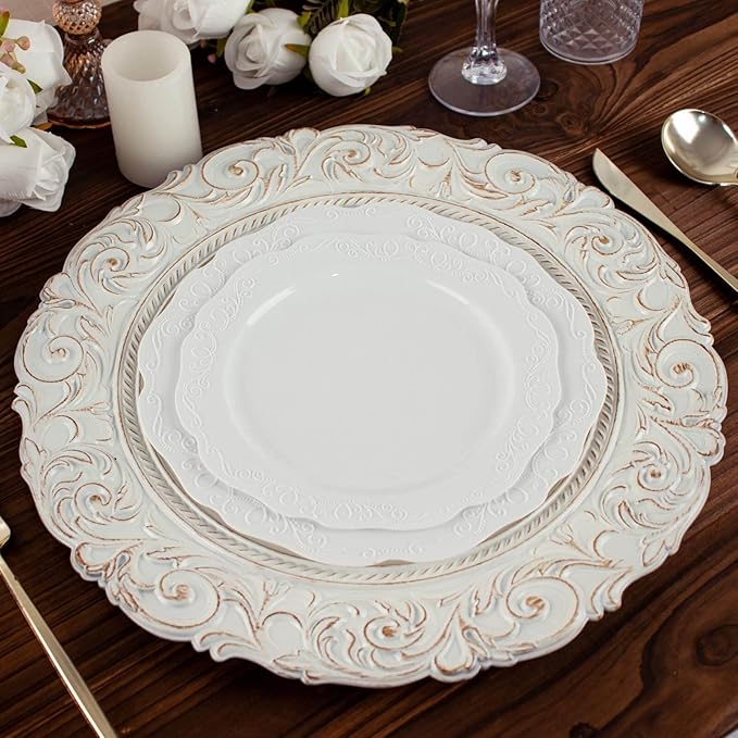 Efavormart 12-Pack Acrylic Charger Plates 14" Round Antique White Gold with Engraved Baroque Rim - Vintage Disposable Decorative Chargers
