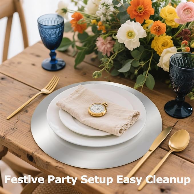 100PCS Silver Paper Placemats for Dinner Plates, 13 Inch Round Disposable Chargers, Shiny Holiday Place Mat for Dining Table Setting Valentine's Day Weddings Birthday Parties Kitchen Banquet Decor