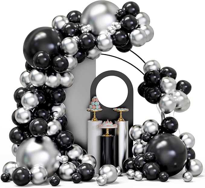 Black and Silver Balloons Arch Garland Kit, 134pcs Metallic Chrome Silver and Black Balloons with Different Size for Birthday, Graduation, Baby Shower, Disco New Years Party Party Decoration…