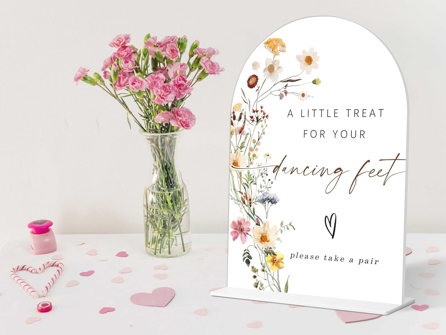 Dancing Feet Sign, Flower Style Wedding Signs for Reception for Bridal Shower and Reception, Engagement, Bridal Shower Decorations, Wedding Shower Favors, 6X8 Inch Acrylic Arch Sign with Stand,10