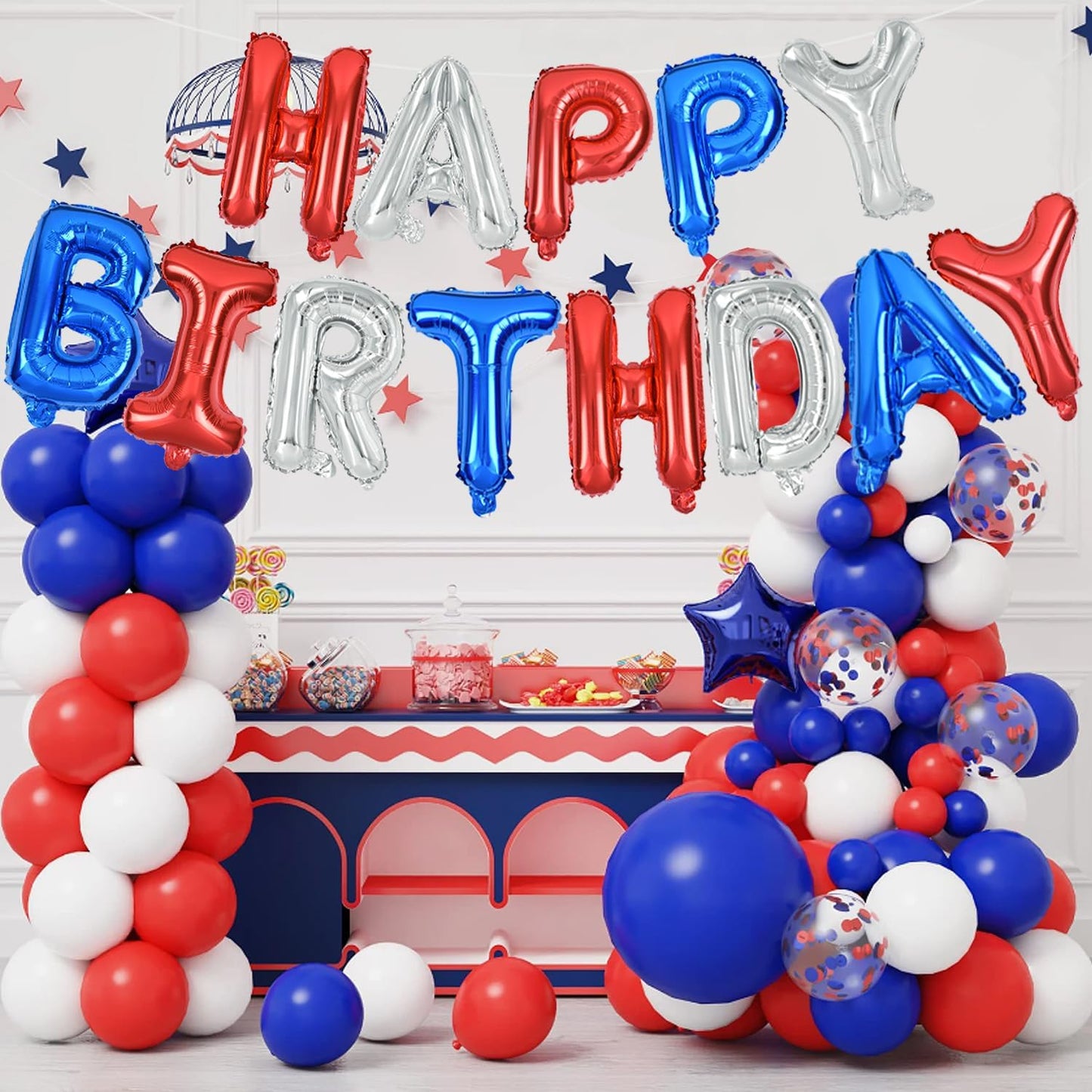 TONIFUL Happy Birthday Balloons Banner 16 Inch Mylar Letters Birthday Sign Banner Balloon Bunting Reusable for Patriotic Party Supplies Independence Day Labor Day Birthday Party（Blue Silver Red）