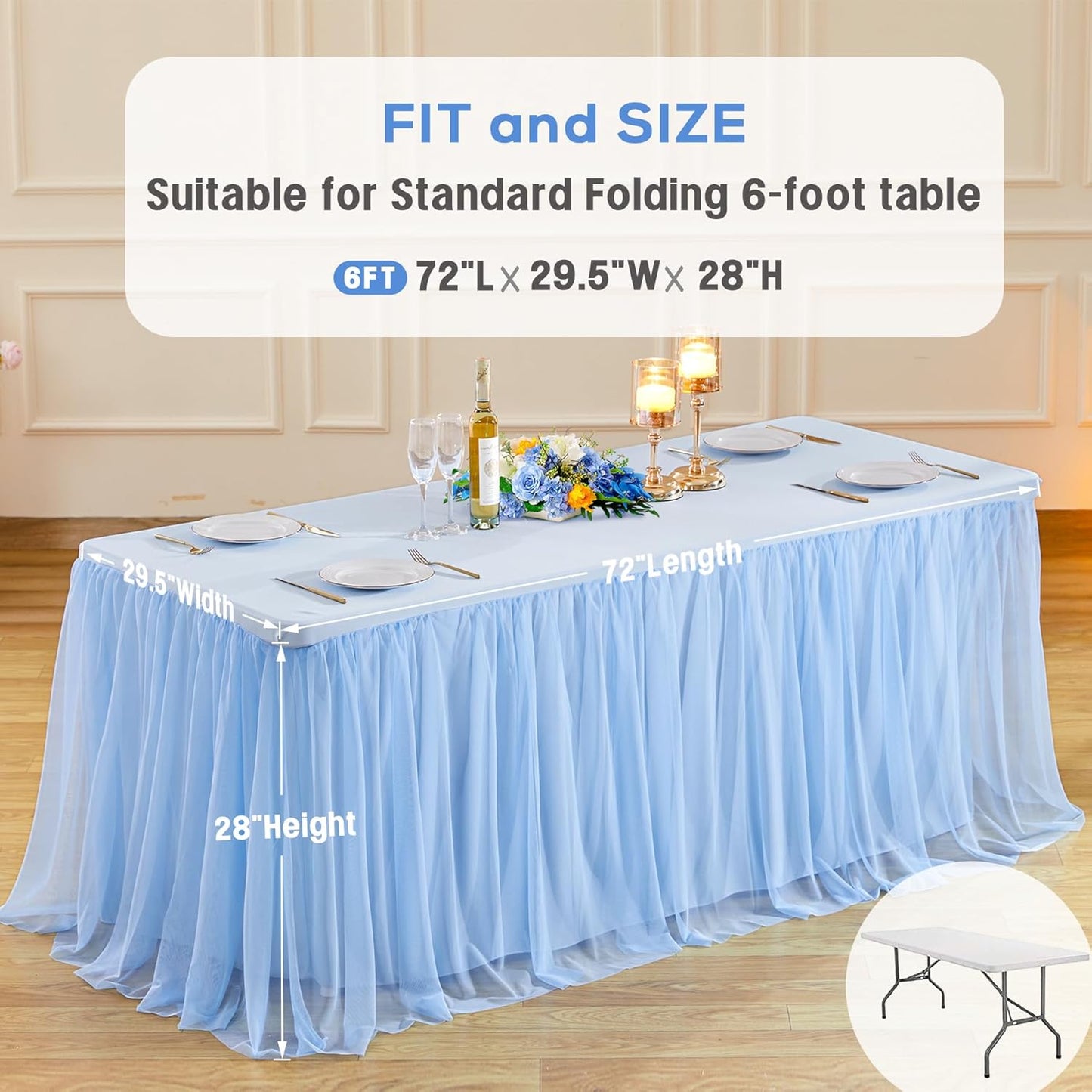 6 Pack 6ft Baby Blue Tulle Tablecloths for Rectangle Tables 72 x 30 Inch Rectangular Table Cloth Wrinkle Free Table Cover with Tutu Skirt for Baby Shower Birthday Party Banquet Buffet Cake Decorations