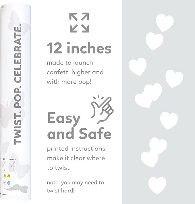White Biodegradable Butterfly Confetti Poppers Confetti Cannon | 6 Pack | Party Poppers Decoration for Wedding, Graduation, Birthday | Wedding Supplies Party Favors | 12 inch | TUR Party Supplies