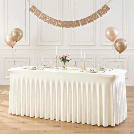 Suppromo 6ft Ivory Spandex Tablecloths for Rectangle Tables Wrinkle Free Ivory Table Cloth Rectangle Stretch Fitted Table Cover with Skirt for Wedding Birthday Party Banquet Baby Shower Buffet Event