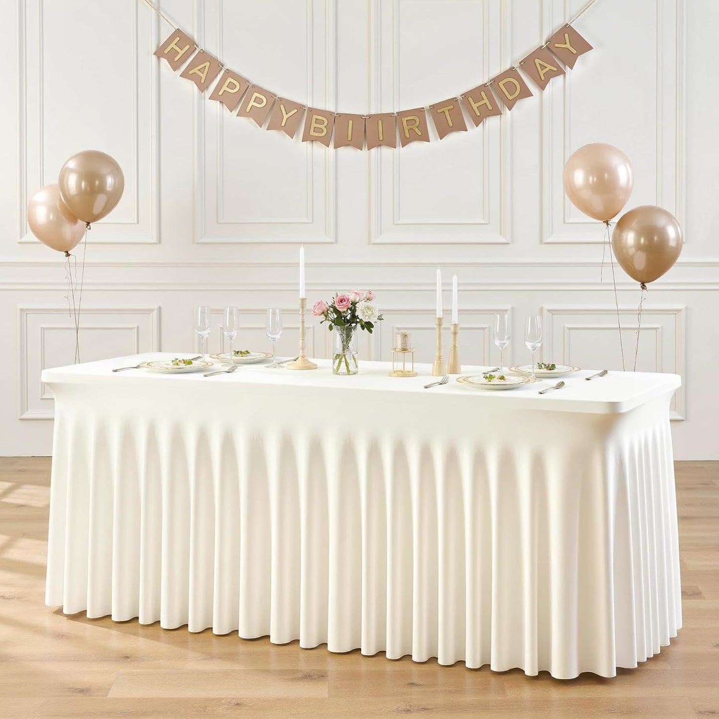 8ft Ivory Spandex Table Cloths for Rectangle Tables Wrinkle Free Ivory Rectangle Tablecloths, Stretch Fitted Table Cover with Skirt for Wedding Birthday Party Banquet Baby Shower Buffet Event
