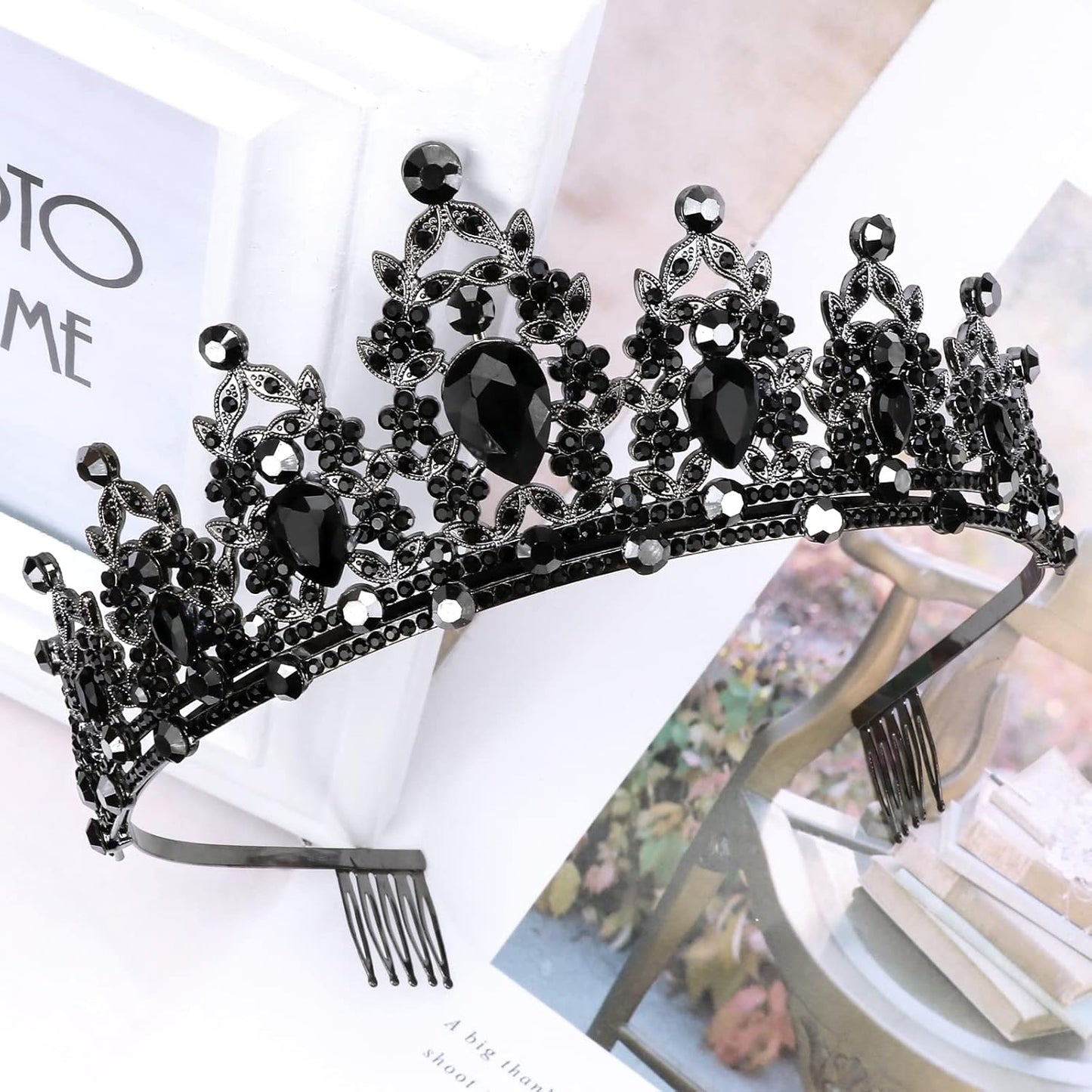 CAVETEE Crown for Women Gothic Crown Headpiece Halloween Decorations Birthday Tiara Vintage Rhinestones Black Baroque Queen Crown Wedding Bridal Crown Black Tiaras and Crowns for Women Girls