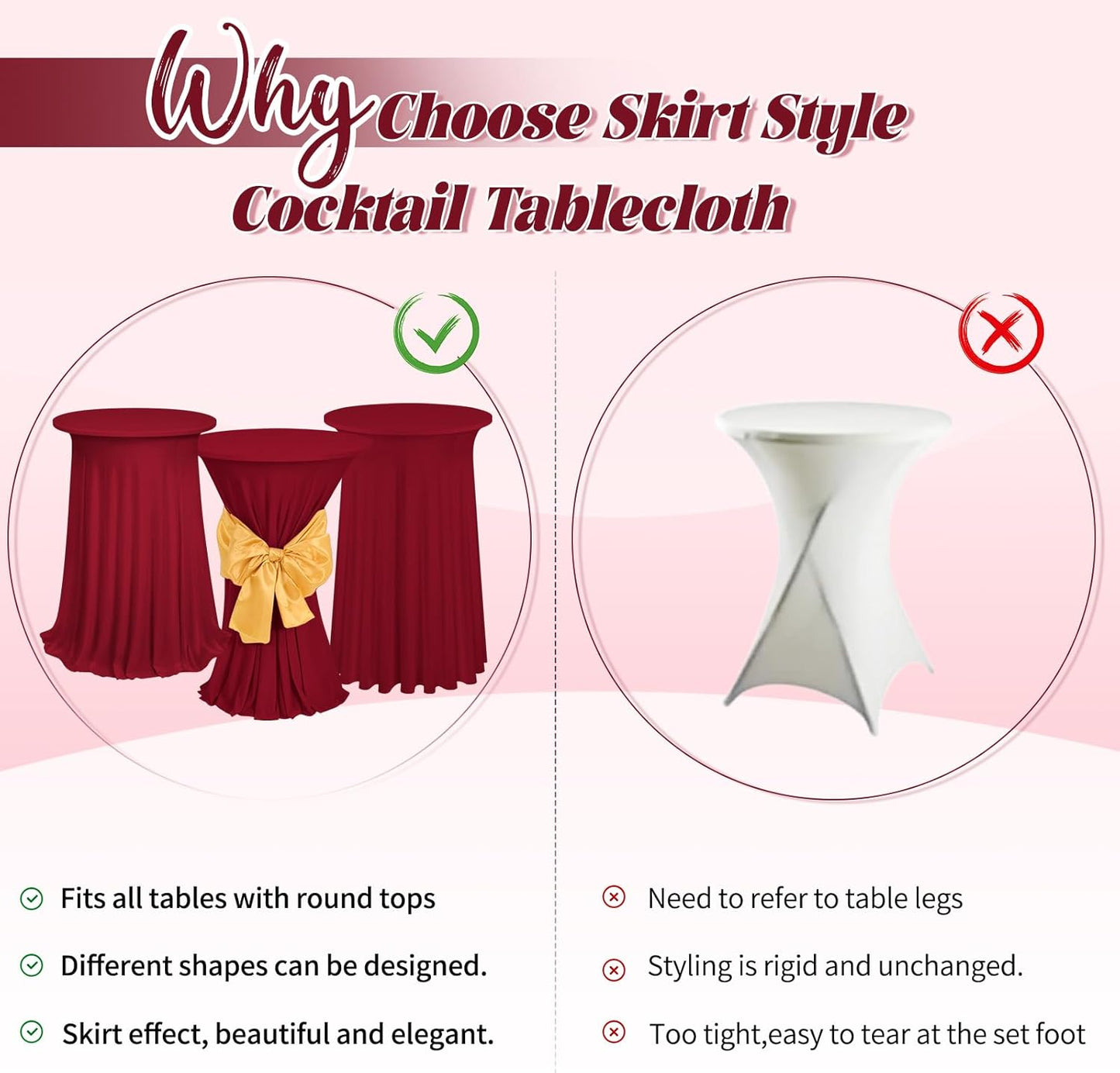 3 Packs Cocktail Table Covers Burgundy Round Bar Table Cloth Wine Red 32"x 43" Spandex Stretch High Top Table Covers with Wavy Drapes Fitted High Top Table Cloth for Party Wedding Banquet Bar Table