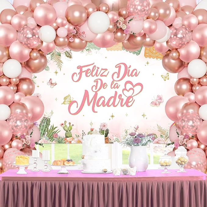 MEHOFOND Feliz Día De La Madre Decorations 107Pcs Mexican Mother's Day Balloons Set, Rose Gold Floral Feliz Dia Mama Love You Mom for Best Mom Ever Mothers Day Party Supplies