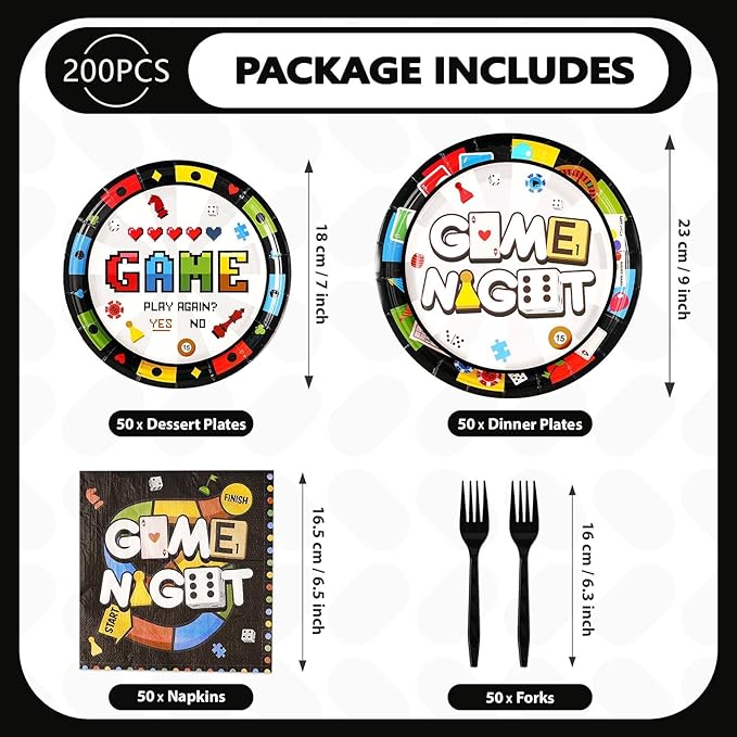 Grencian 200Pcs Family Game Night Decorations Game Night Plates and Napkins Disposable Gamer Paper Tableware Set for Adults Family Gathering Birthday Gaming Theme Party Supplies, Serves 50