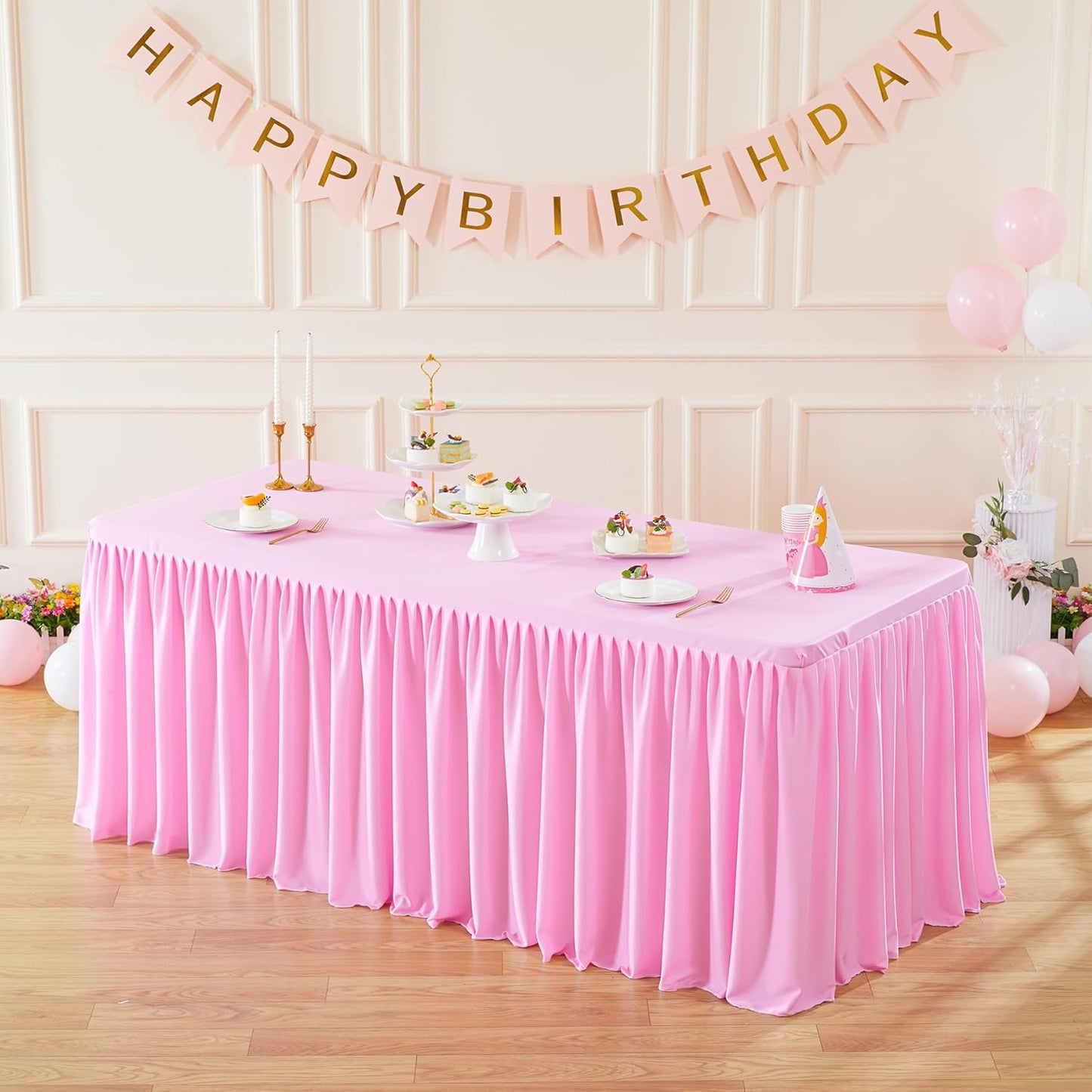 Pink Polyester Table Clothes for 8 Foot Rectangle Tables, Wrinkle Free Fitted Table Cover with Pleated Ruffle Table Skirt for Birthday Party Wedding Trade Show Event Display