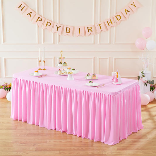 Pink Polyester Table Clothes for 4 Foot Rectangle Tables, Wrinkle Free Fitted Table Cover with Pleated Ruffle Table Skirt for Birthday Party Wedding Trade Show Event Display