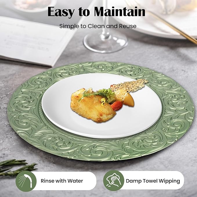 100 Pcs Green Round Charger Plates Bulk, 13 Inch Antique Charger Plate Set Plastic Embossed Dinner Plate for Wedding, Antique Chargers Plates Bulk for Dinner Tabletop Setting Decor (Green)