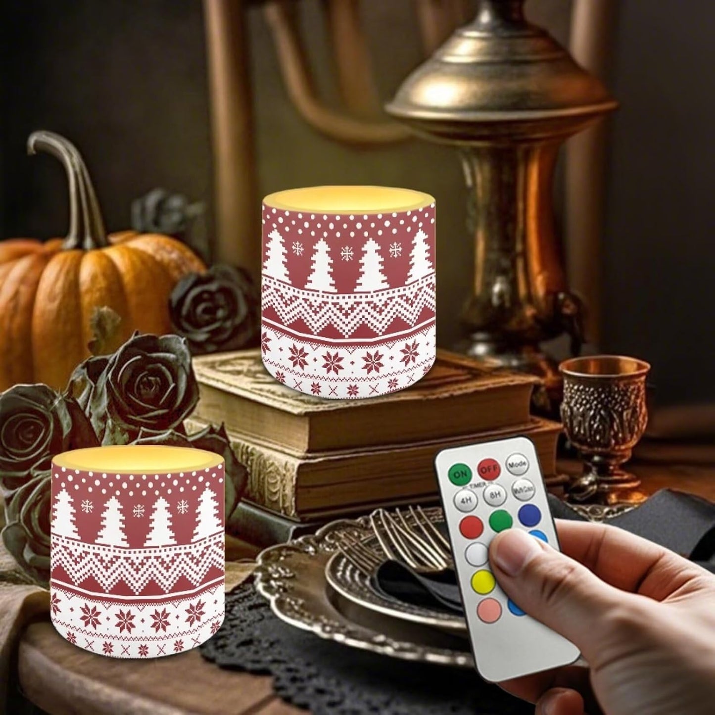 Poceacles 4 Pack Christmas LED Flameless Candles Battery Operated with Remote Timer Holiday Party Events Tea Lights with 12 Colors Options for Home Decor, Christmas Tree Snowflake Print Red White