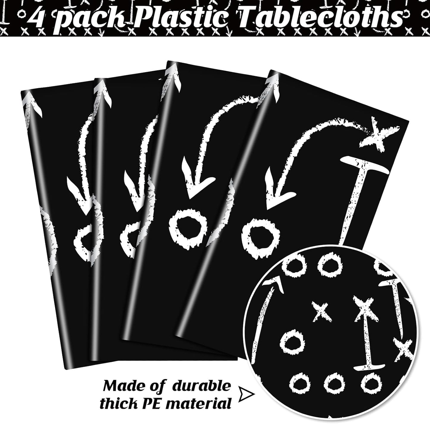 4 Pack Football Tablecloths, Football Themed Tablecloths Party Favor Supplies, Disposable Plastic Rectangle Table Covers for Sports Birthday Party Decoration, 108 x 54 Inch(Black)
