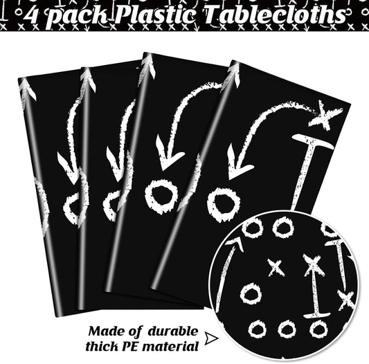 4 Pack Football Tablecloths, Football Themed Tablecloths Party Favor Supplies, Disposable Plastic Rectangle Table Covers for Sports Birthday Party Decoration, 108 x 54 Inch(Black)
