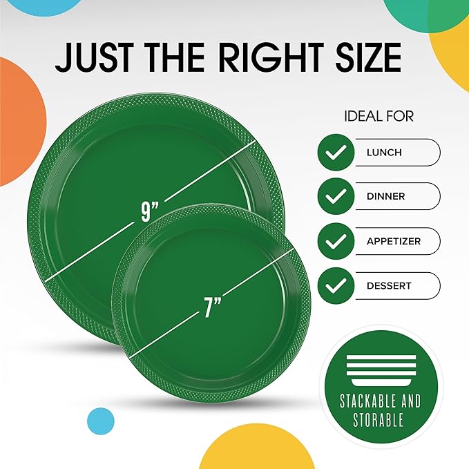 Party Solids Green Plastic Plates For Party Supplies, Green Disposable Plates 100 Pieces - 50-7" & 50-9" Heavy Duty 350 GSM Disposable Dinnerware Sets, Plastic Dinnerware Sets