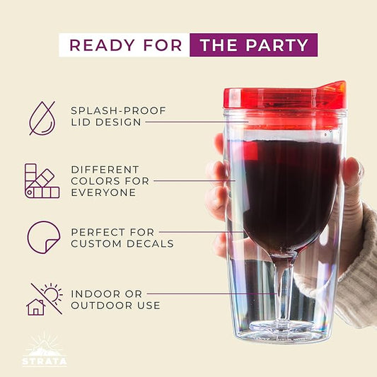 STRATA CUPS Insulated Wine Tumbler With Lid (SET OF 10) BONUS Name Decals - Outdoor Acrylic Plastic Wine Glasses, 10oz Cup Tumblers in 10 Colors - Adult Sippy, Unbreakable Stemless Wine Glass